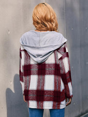 Plaid Dropped Shoulder Hooded Jacket - Flyclothing LLC