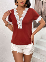 Lace Detail V-Neck Short Sleeve T-Shirt - Flyclothing LLC