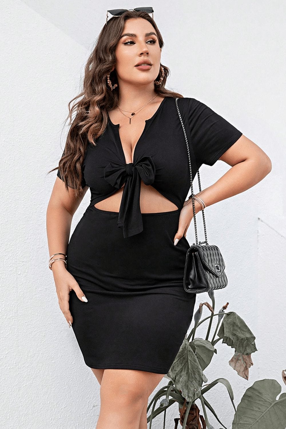 Plus Size Cutout Tie Front Short Sleeve Dress - Trendsi