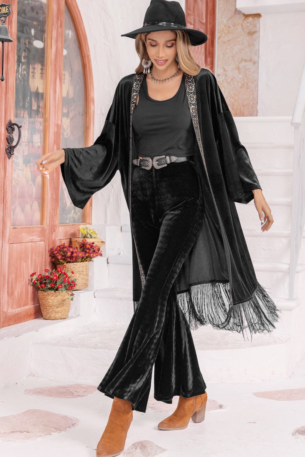 Opne Front Fringe Detail Long Sleeve Cardigan - Flyclothing LLC