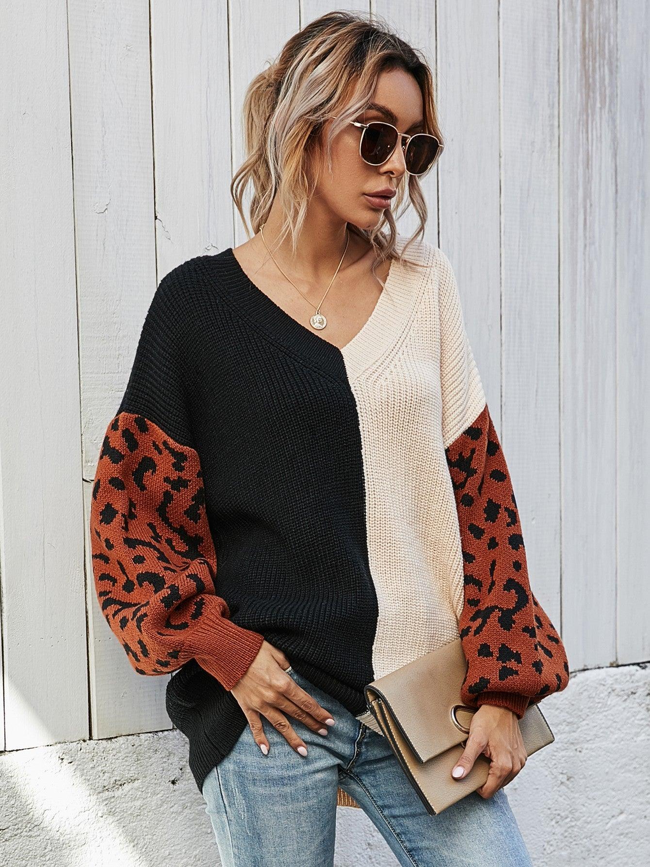 Leopard Color Block V-Neck Tunic Pullover Sweater - Flyclothing LLC