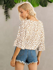 Tied Printed Button Up V-Neck Blouse - Flyclothing LLC