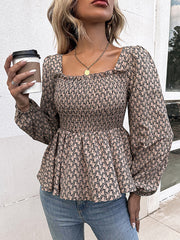 Printed Square Neck Long Sleeve Blouse - Flyclothing LLC