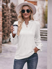 Eyelet Notched Neck Flounce Sleeve Blouse - Trendsi