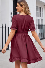 Swiss Dot Frill Trim Flounce Sleeve V-Neck Dress - Flyclothing LLC