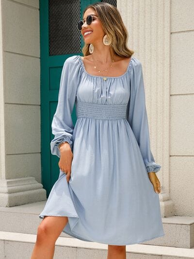 Off-Shoulder Balloon Sleeve Smocked Dress - Trendsi