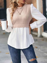 Contrast Round Neck Puff Sleeve Blouse - Flyclothing LLC