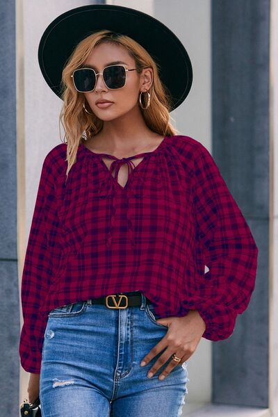 Plaid Tie Neck Balloon Sleeve Blouse - Flyclothing LLC