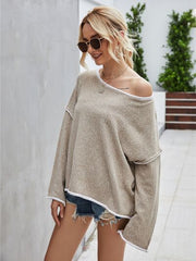 Boat Neck Dropped Shoulder Sweater - Flyclothing LLC