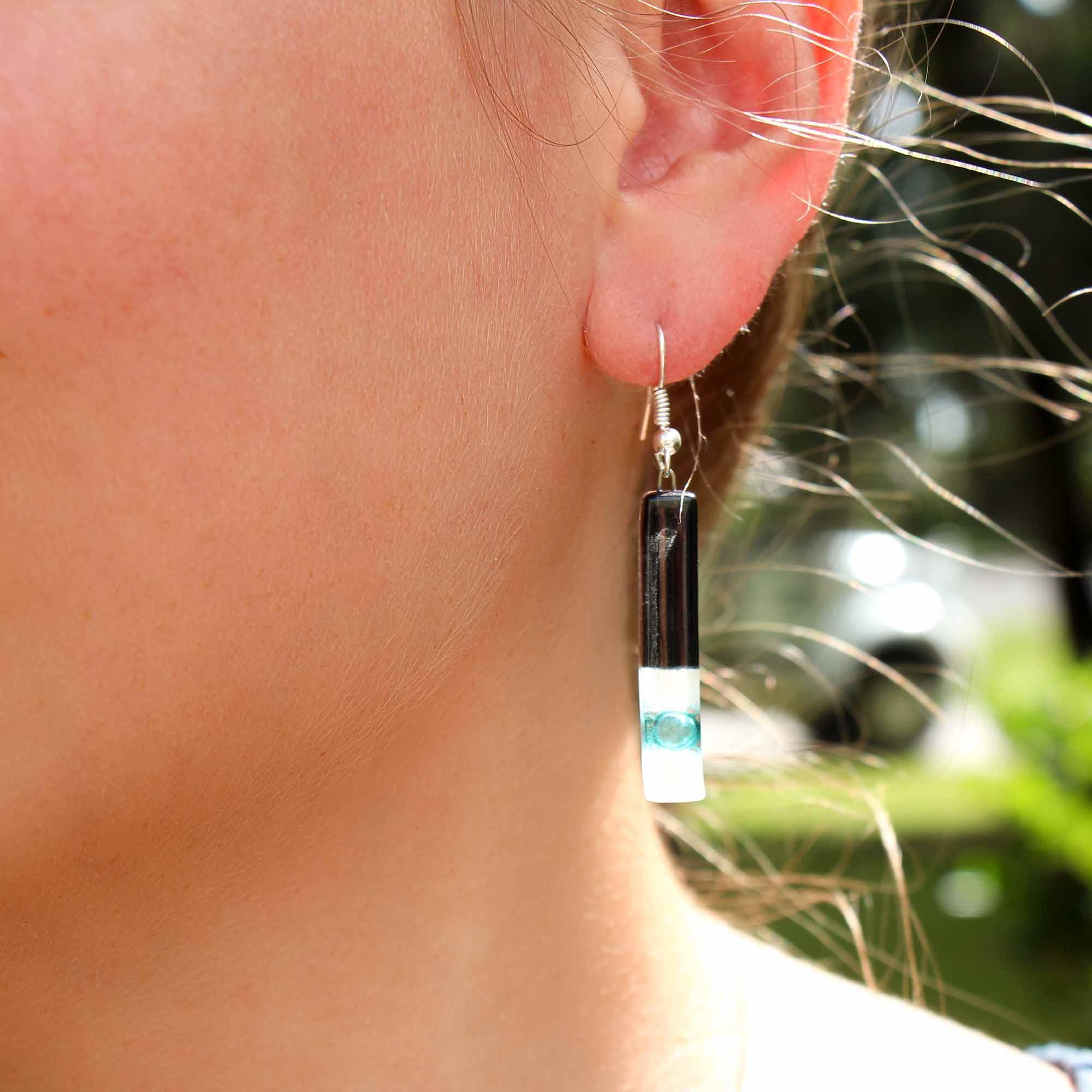 Long Rectangle Glass Dangle Earrings, Black Tie - Tili Glass - Flyclothing LLC