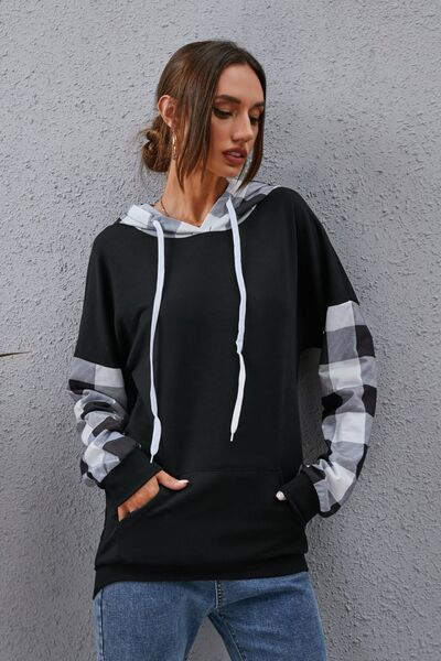 Plaid Drawstring Dropped Shoulder Hoodie - Flyclothing LLC