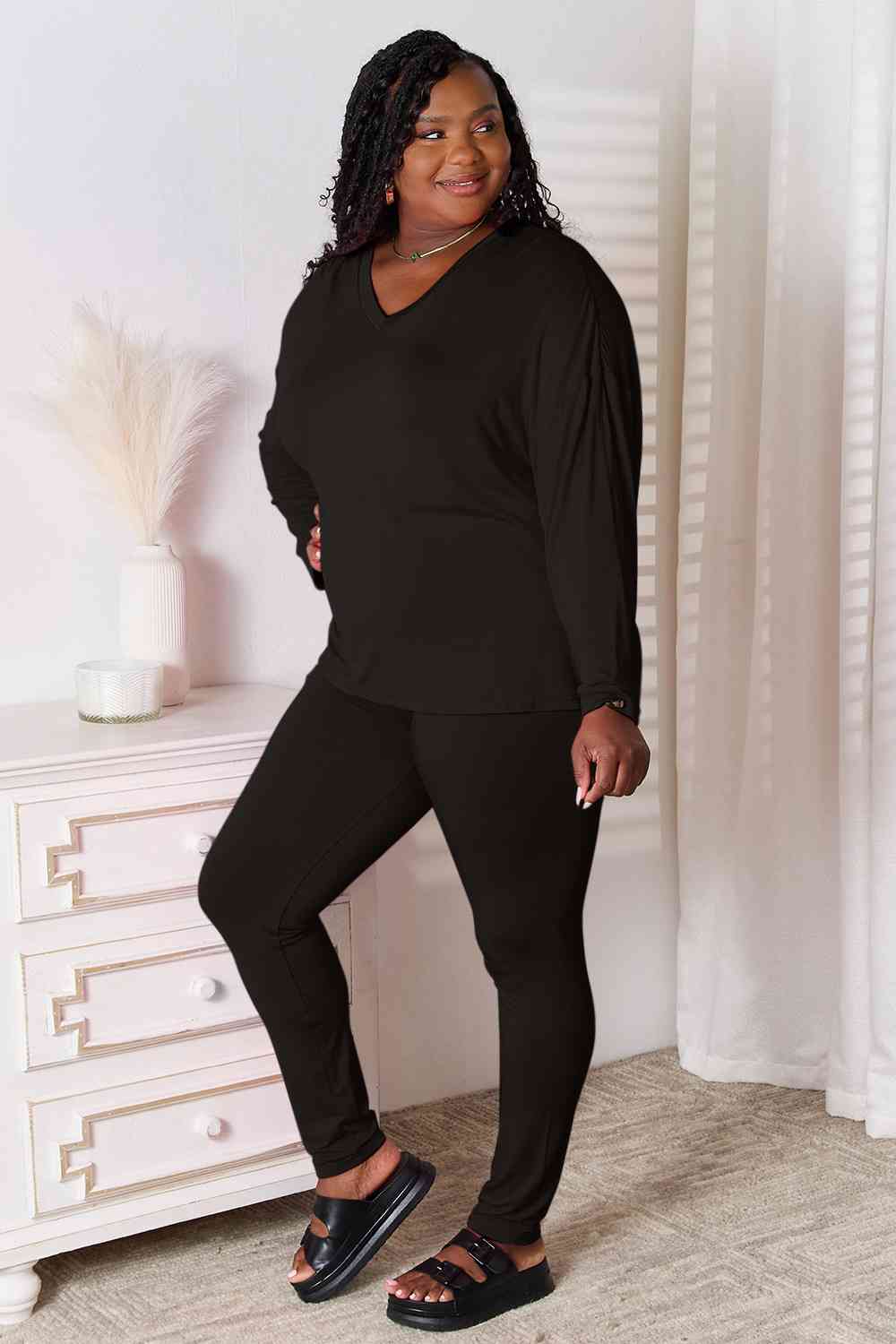 Basic Bae Full Size V-Neck Soft Rayon Long Sleeve Top and Pants Lounge Set - Flyclothing LLC