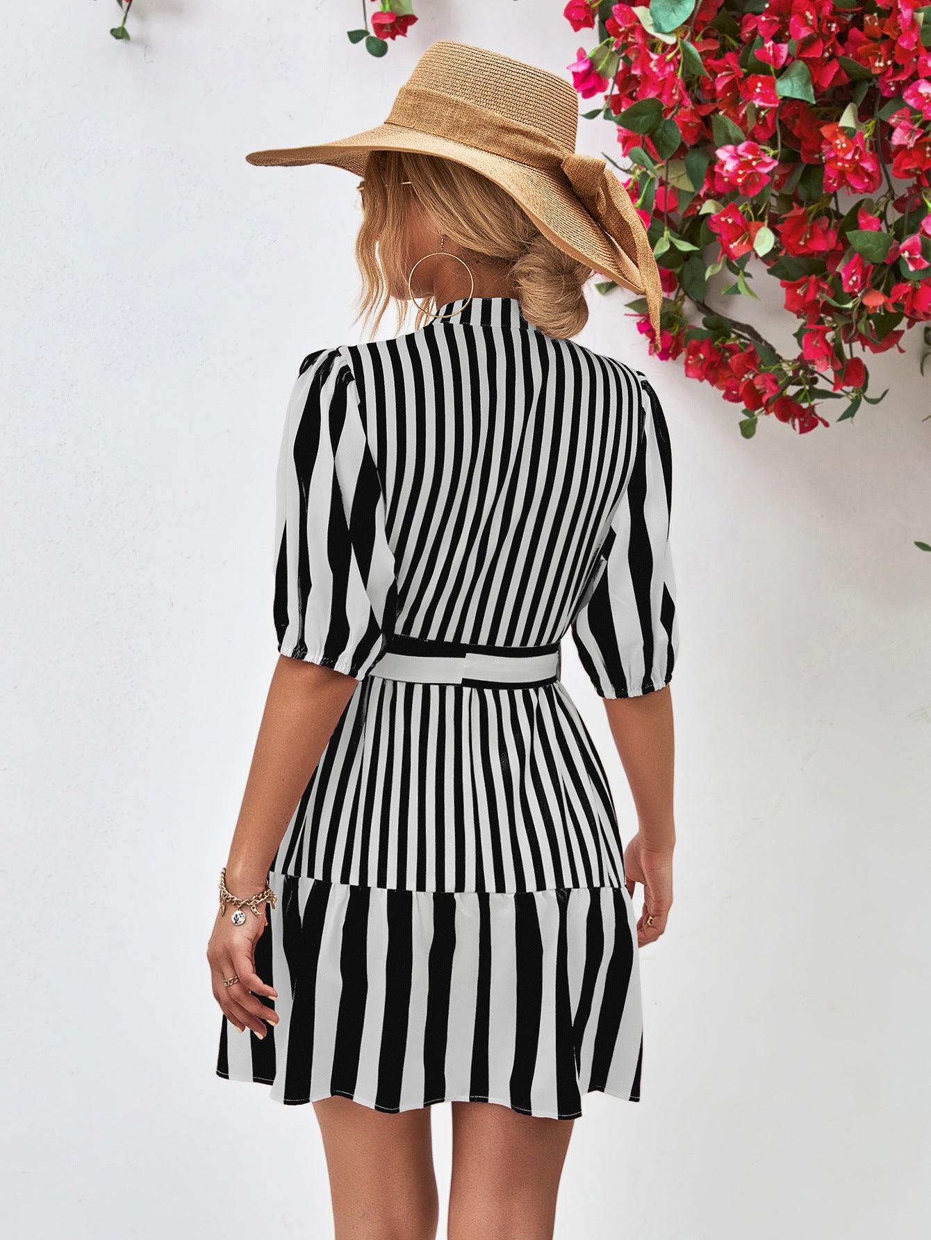 Striped Half Sleeve Tie Waist Mini Dress - Flyclothing LLC