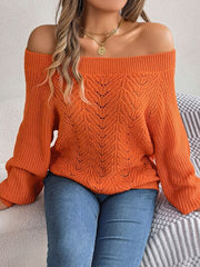 Openwork Off-Shoulder Long Sleeve Sweater - Flyclothing LLC