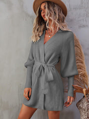 Belted Surplice Lantern Sleeve Wrap Sweater Dress - Trendsi