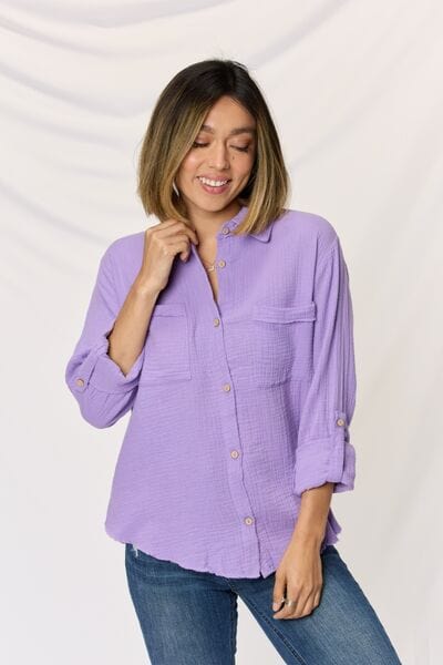 Zenana Texture Button Up Raw Hem Long Sleeve Shirt - Flyclothing LLC