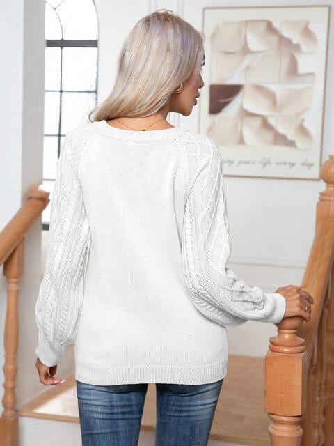 Cable-Knit Round Neck Buttoned Sweater - Trendsi