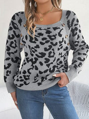 Leopard Buttoned Square Neck Sweater - Flyclothing LLC