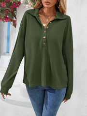 Half Button Collared Neck Long Sleeve Top - Flyclothing LLC