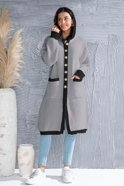 Button Up Contrast Trim Hooded Cardigan - Flyclothing LLC