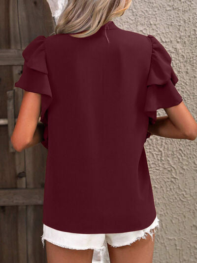 Ruffled Notched Short Sleeve Blouse - Flyclothing LLC