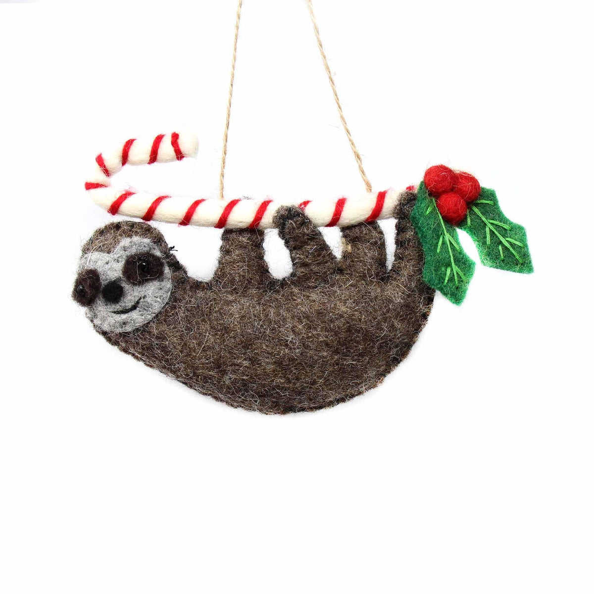 Hand Crafted Felt from Nepal: Ornament, Candy Cane Sloth - Global Groove (H) - Flyclothing LLC