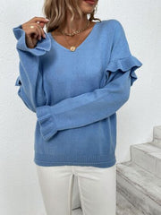 Ruffled V-Neck Dropped Shoulder Sweater - Flyclothing LLC