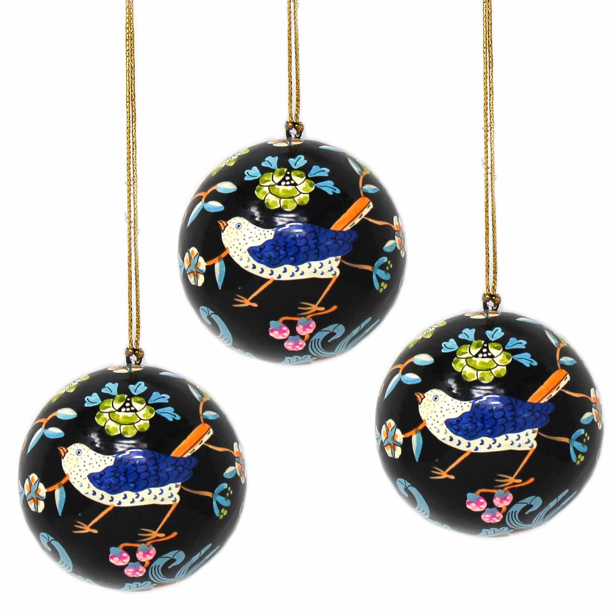 Handpainted Ornament Birds and Flowers, Black - Pack of 3 - Flyclothing LLC