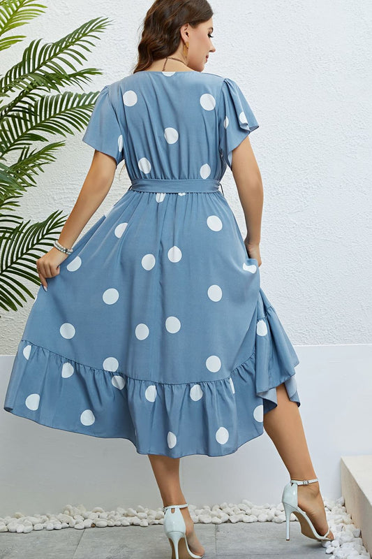 Polka Dot Belted Flutter Sleeve Ruffle Hem Dress - Flyclothing LLC