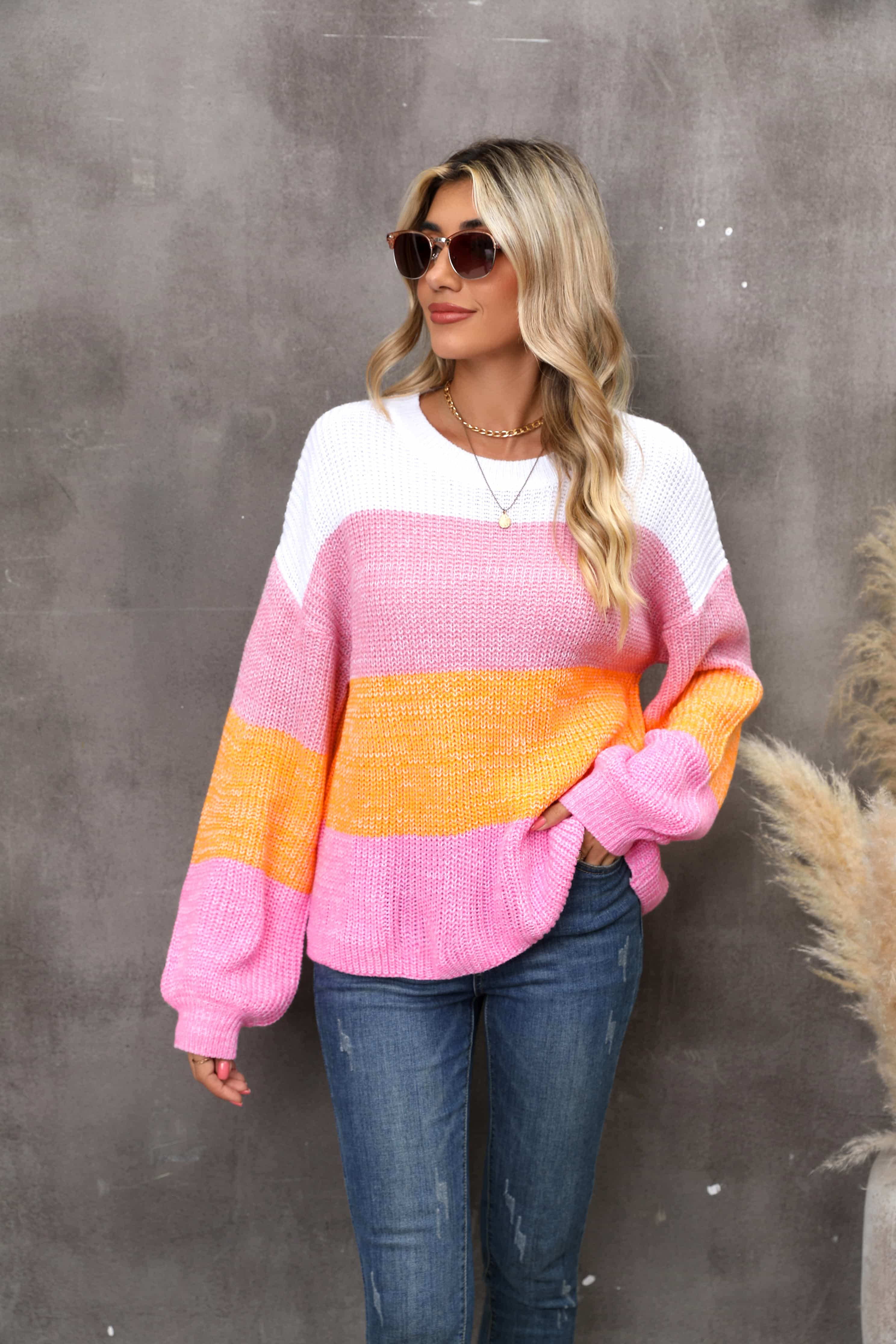 Color Block Round Neck Dropped Shoulder Sweater - Trendsi