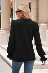 Notched Neck Flounce Sleeve Blouse - Flyclothing LLC