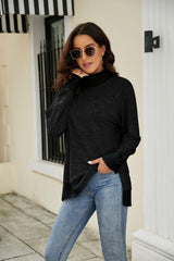 Heathered Slit High-Low Long Sleeve Top - Trendsi