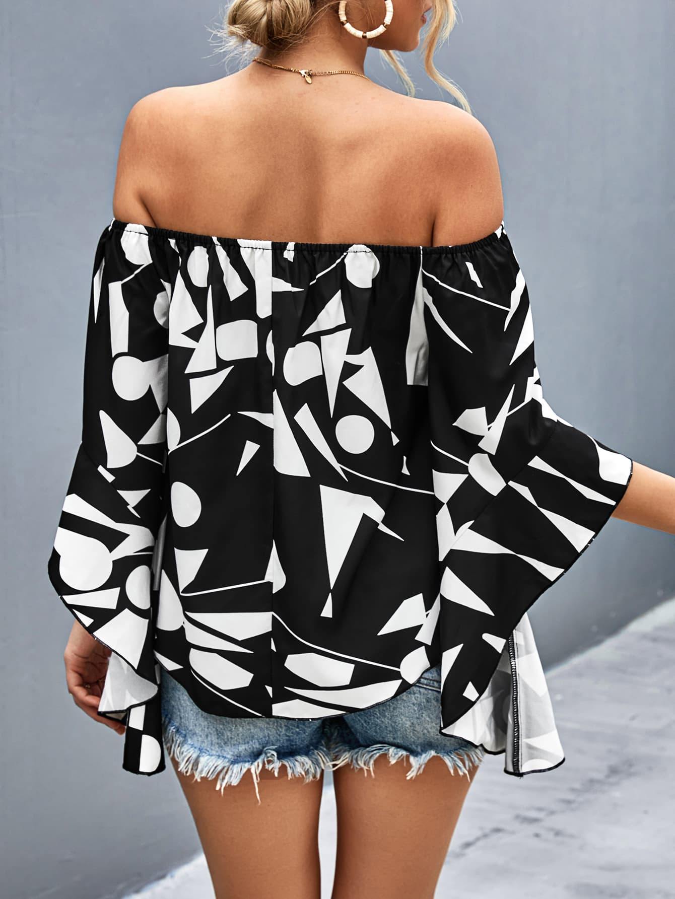 Printed Off-Shoulder Bell Sleeve Blouse - Flyclothing LLC