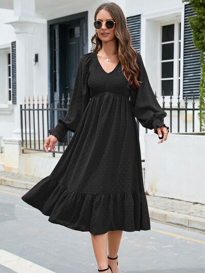 Swiss Dot V-Neck Smocked Lantern Sleeve Ruffle Hem Dress - Flyclothing LLC