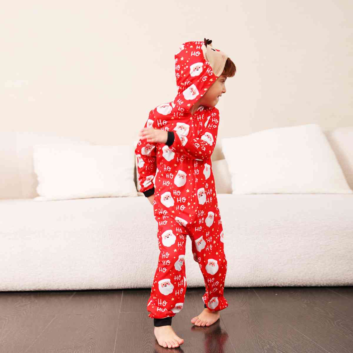 Santa Print Hooded Jumpsuit | Flyclothing LLC Red / 4T