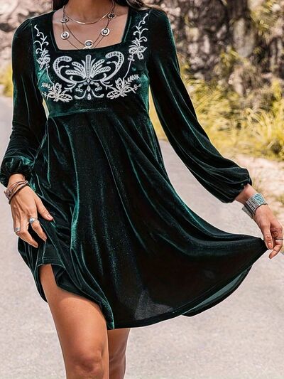 Printed Square Neck Long Sleeve Mini Dress - Flyclothing LLC