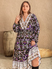 Plus Size V-Neck Balloon Sleeve Printed Midi Dress - Flyclothing LLC