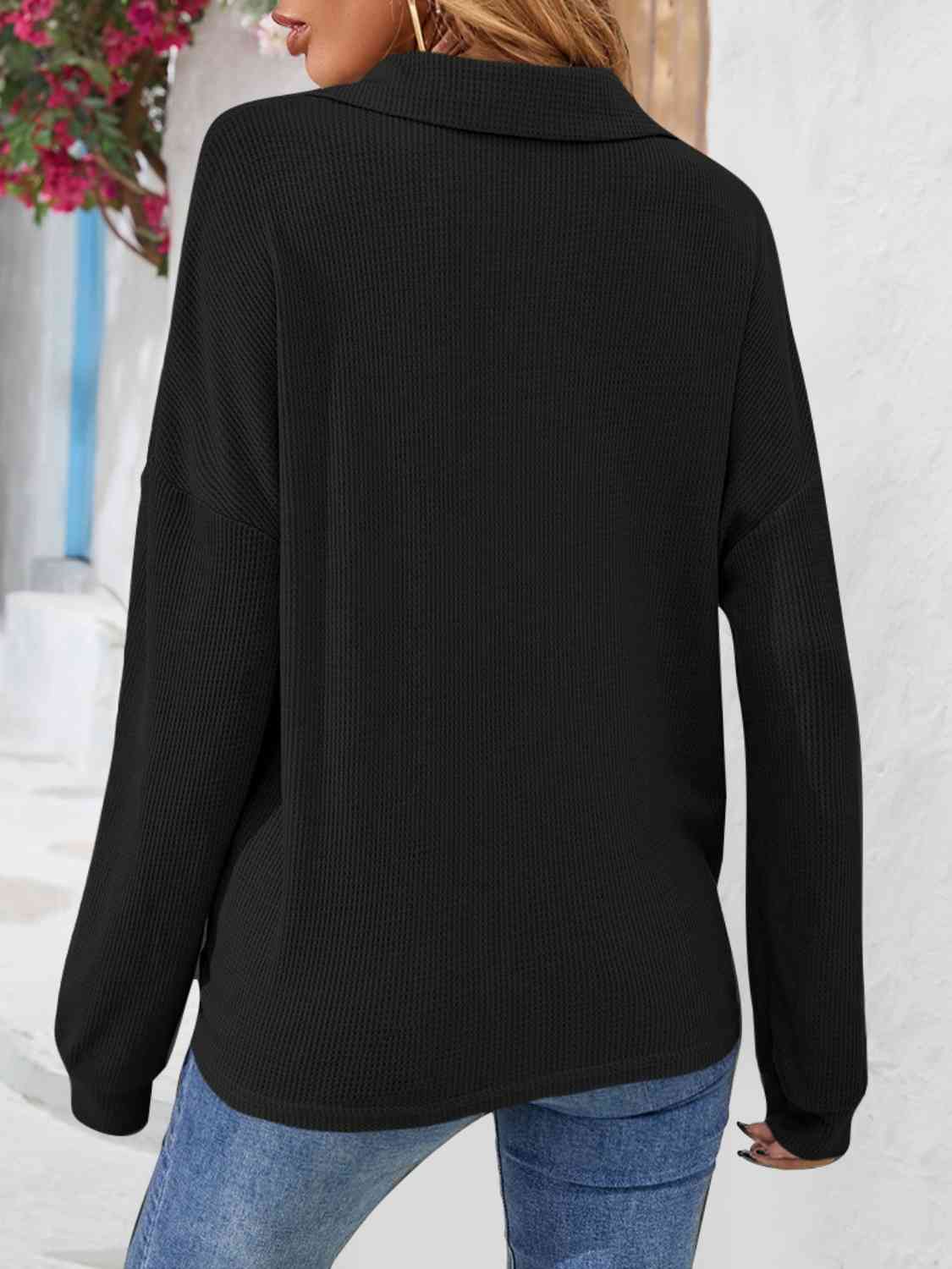 Half Button Collared Neck Long Sleeve Top - Flyclothing LLC