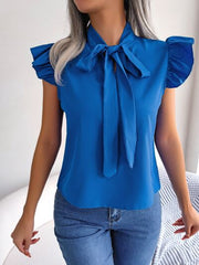 Tie  Neck Cap Sleeve Blouse - Flyclothing LLC