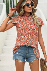 Ditsy Floral Mock Neck Short Sleeve T-Shirt - Flyclothing LLC