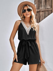 Contrast Belted Sleeveless Romper with Pockets - Flyclothing LLC