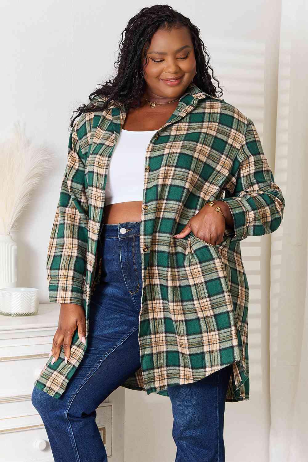 Double Take Plaid Collared Neck Long Sleeve Shirt - Flyclothing LLC