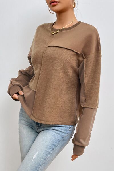 Exposed Seam Round Neck Long Sleeve Sweatshirt - Flyclothing LLC