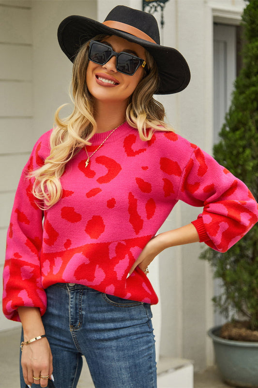 Leopard Round Neck Dropped Shoulder Sweater - Trendsi