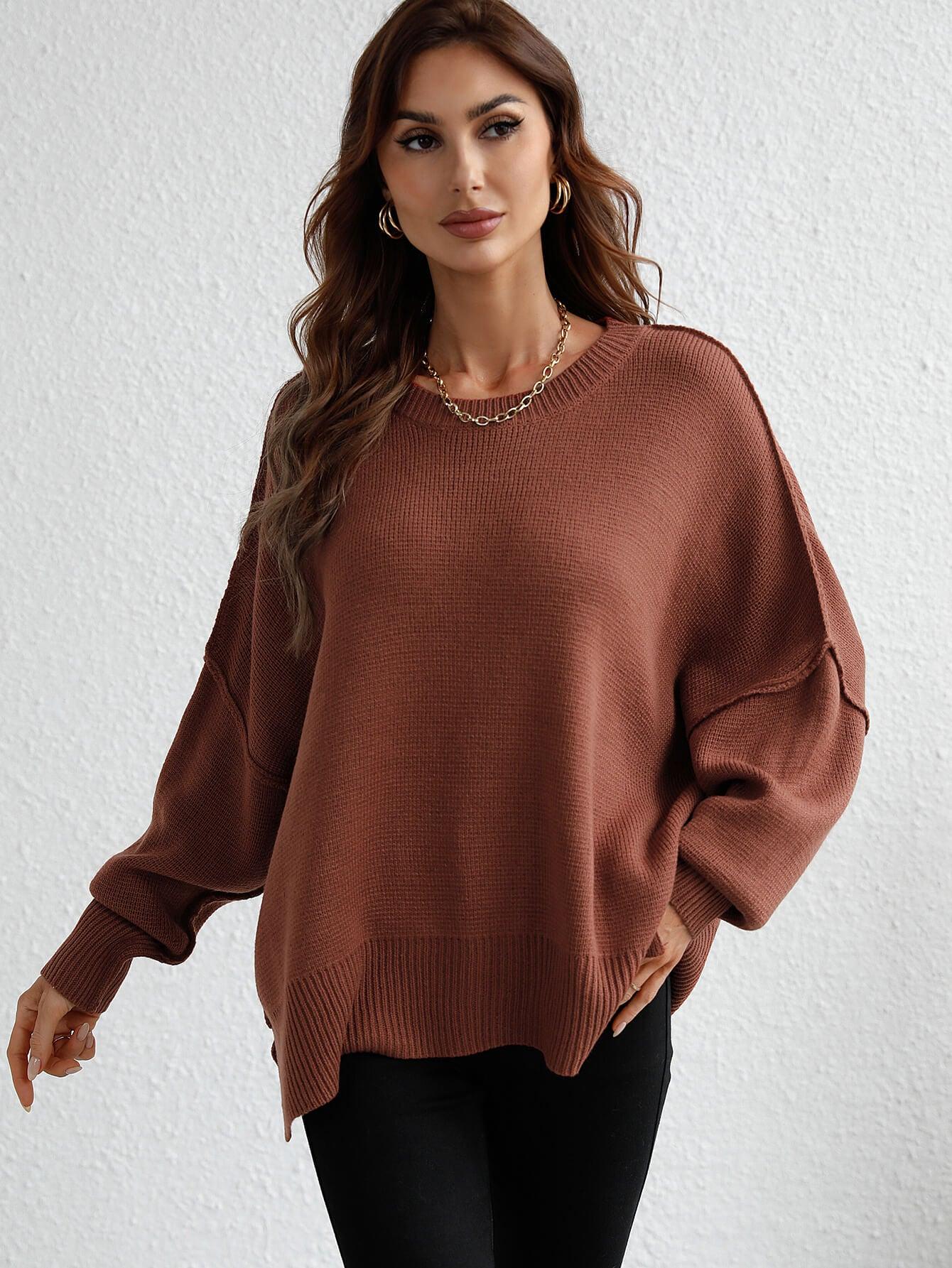 Exposed Seam Dropped Shoulder Slit Sweater - Trendsi