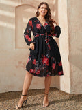 Plus Size Floral Surplice Neck Tie Waist Dress - Trendsi