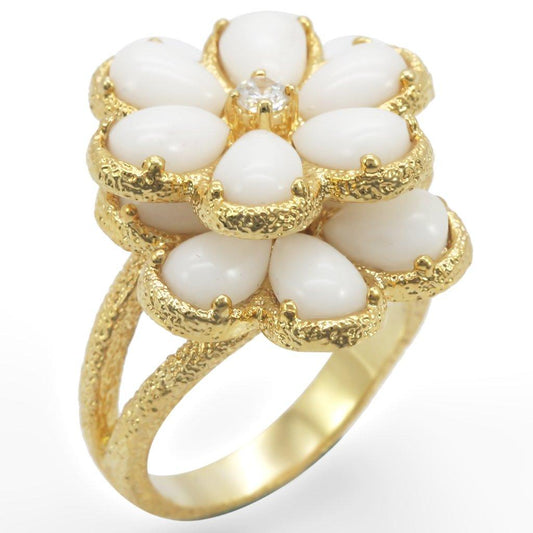 Alamode Gold Brass Ring with Synthetic Synthetic Glass in White - Flyclothing LLC