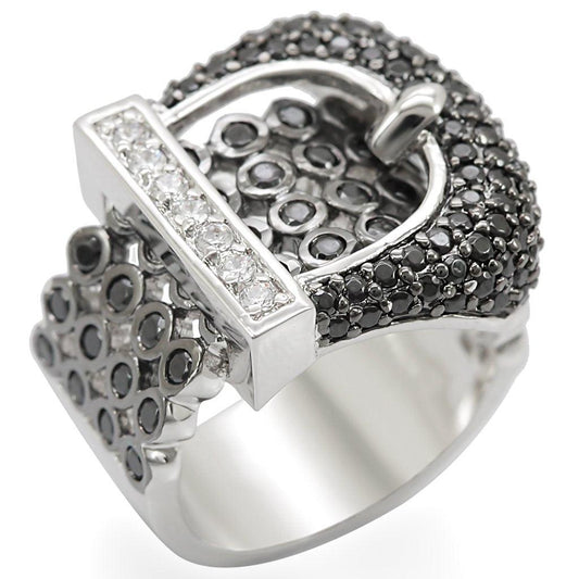 Alamode Rhodium + Ruthenium Brass Ring with AAA Grade CZ in Black Diamond - Alamode