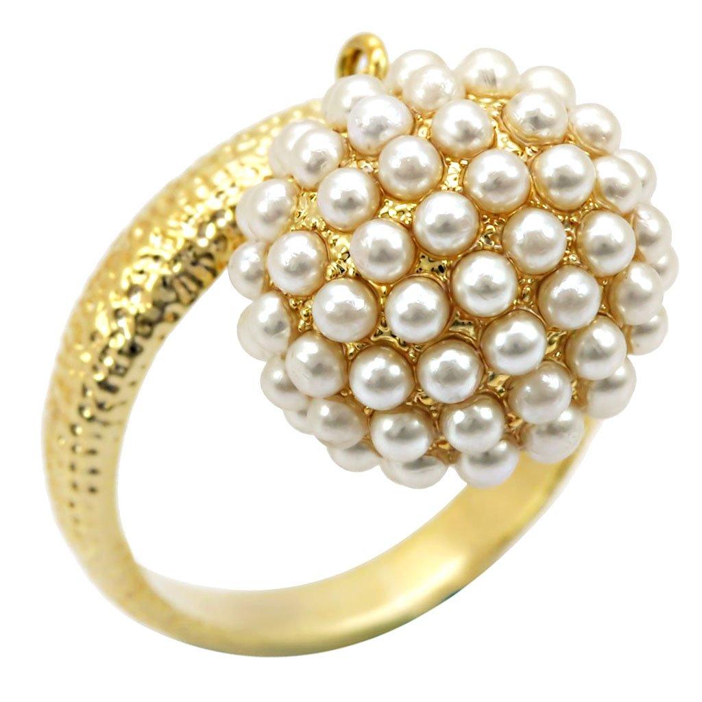 Alamode Gold Brass Ring with Synthetic Pearl in Citrine Yellow - Flyclothing LLC