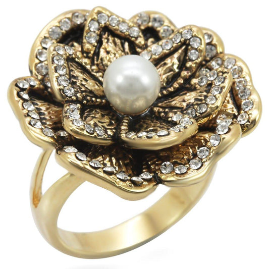 Alamode Gold Brass Ring with Synthetic Pearl in Citrine Yellow - Flyclothing LLC